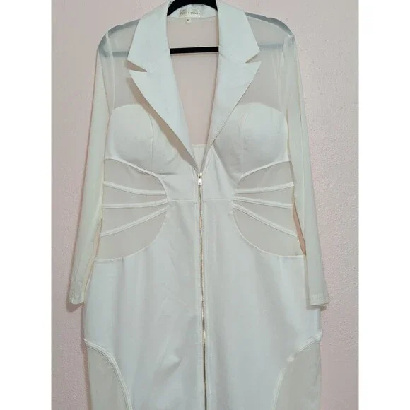 Curvy Sense Blazer Bodycon Dress Womens 2XL Ivory Sheer Mesh Cutout Zip Sexy - Picture 6 of 14